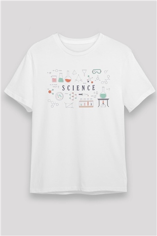 Bilim Deney Ekipmanları Baskılı Unisex Beyaz Tişört