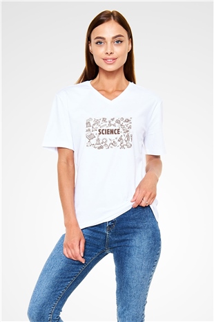Bilim Sembolleri Baskılı Unisex Beyaz V Yaka Tişört