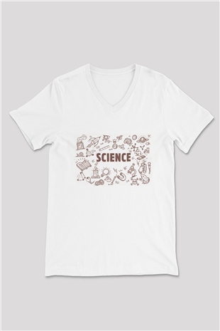 Bilim Sembolleri Baskılı Unisex Beyaz V Yaka Tişört