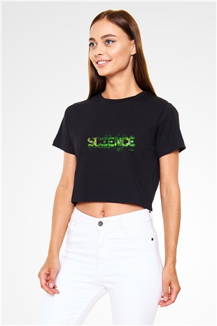 Bilim Yeşil Baskılı Siyah Kadın Crop Top Tişört