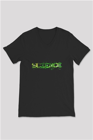 Bilim Yeşil Baskılı Unisex Siyah V Yaka Tişört