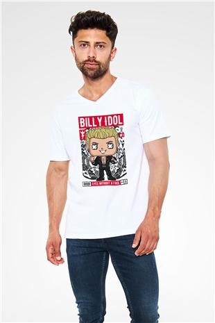 Billy Idol Baskılı Unisex Beyaz V Yaka Tişört