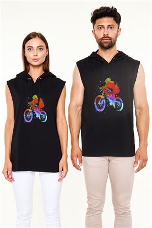 Bisiklet Siyah Unisex Kapüşonlu Kolsuz Tişört