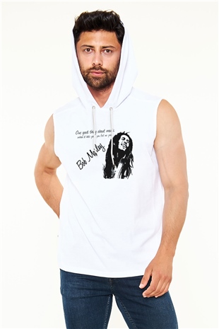 Bob Marley Beyaz Unisex Kapüşonlu Kolsuz Tişört