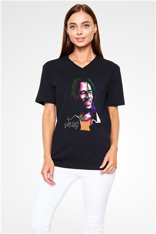Bob Marley Siyah Unisex V Yaka Tişört