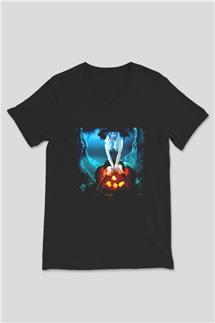 Cadılar Bayramı-Halloween Siyah Unisex V Yaka Tişört T-Shirt