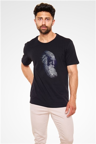 Charles Darwin Sanatsal Portre Baskılı Unisex Siyah Tişört