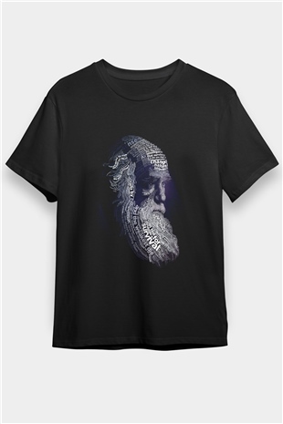 Charles Darwin Sanatsal Portre Baskılı Unisex Siyah Tişört