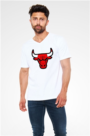Chicago Bulls Beyaz Unisex V Yaka Tişört
