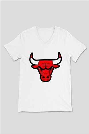 Chicago Bulls Beyaz Unisex V Yaka Tişört