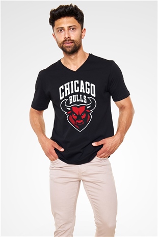 Chicago Bulls Siyah Unisex V Yaka Tişört T-Shirt