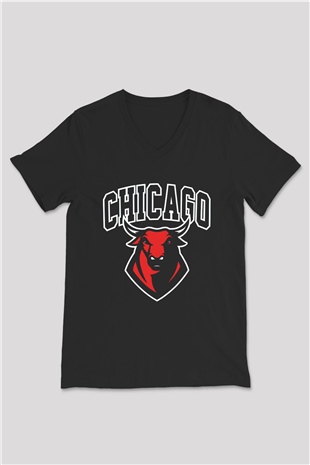 Chicago Bulls Siyah Unisex V Yaka Tişört T-Shirt
