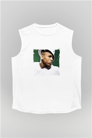 Chris Brown Baskılı Unisex Beyaz Kolsuz Tişört
