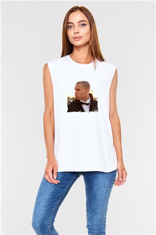 Chris Brown Baskılı Unisex Beyaz Kolsuz Tişört