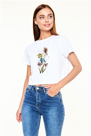 Çiçek Beyaz Croptop Tişört