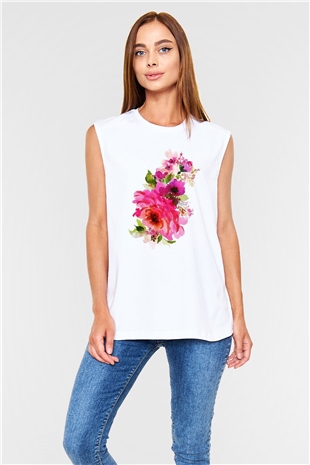 Çiçek Beyaz Unisex Kolsuz Tişört
