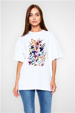 Çiçek Beyaz Unisex Oversize Tişört T-Shirt