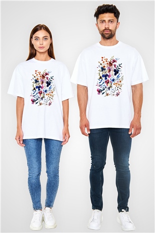 Çiçek Beyaz Unisex Oversize Tişört T-Shirt