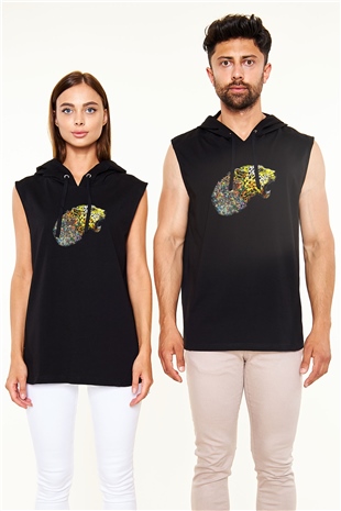 Çita Siyah Unisex Kapüşonlu Kolsuz Tişört