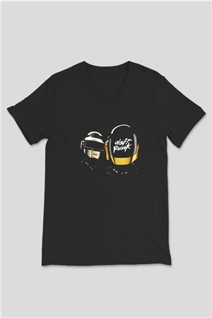 Daft Punk Siyah Unisex V Yaka Tişört T-Shirt