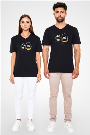 Daft Punk Siyah Unisex V Yaka Tişört T-Shirt