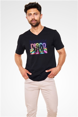 Disko Siyah Unisex V Yaka Tişört T-Shirt
