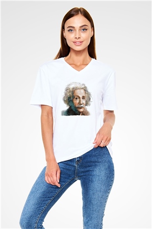 Einstein Beyaz Unisex V Yaka Tişört