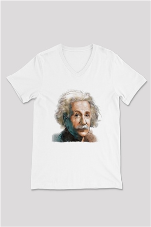 Einstein Beyaz Unisex V Yaka Tişört