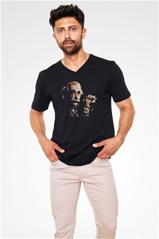 Einstein Siyah Unisex V Yaka Tişört