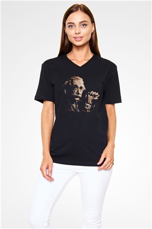 Einstein Siyah Unisex V Yaka Tişört