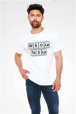Elementlerden Oluşan Nikola Tesla Baskılı Unisex Beyaz Tişört