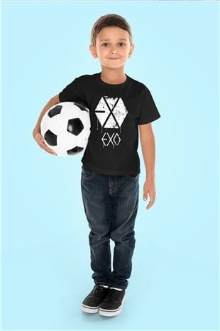 Exo KPop Baskılı Siyah Unisex Çocuk Tişört