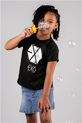 Exo KPop Baskılı Siyah Unisex Çocuk Tişört