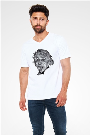 Geometrik Aibert Einstein Portesi Baskılı Unisex Beyaz V Yaka Tişört