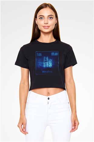 Hassiyum Atom Numarası Baskılı Siyah Kadın Crop Top Tişört