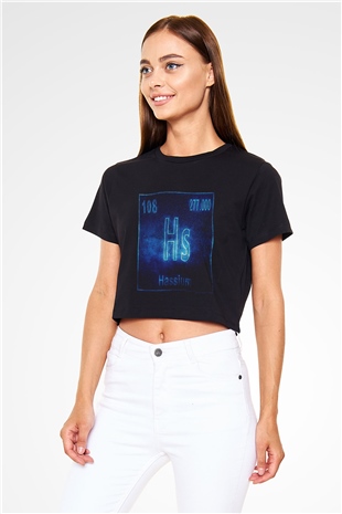 Hassiyum Atom Numarası Baskılı Siyah Kadın Crop Top Tişört