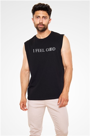 I Feel Good Yazılı Siyah Unisex Kolsuz Tişört