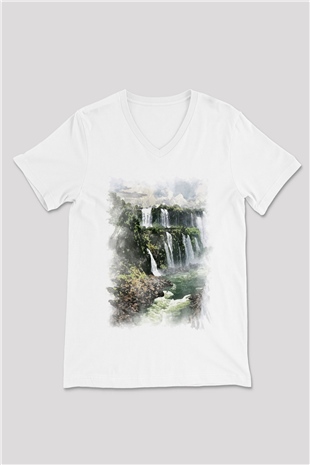 Iguazu Şelalesi Beyaz Unisex V Yaka Tişört