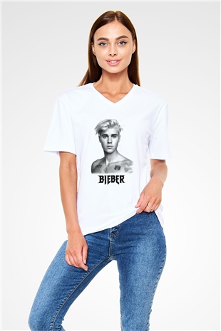 Justin Bieber Beyaz Unisex V Yaka Tişört T-Shirt