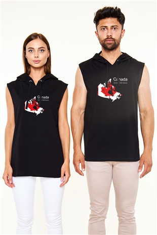 Kanada Siyah Unisex Kapüşonlu Kolsuz Tişört