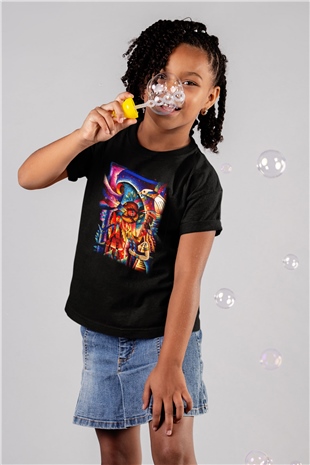 Kanaviçe Baskılı Siyah Unisex Çocuk Tişört