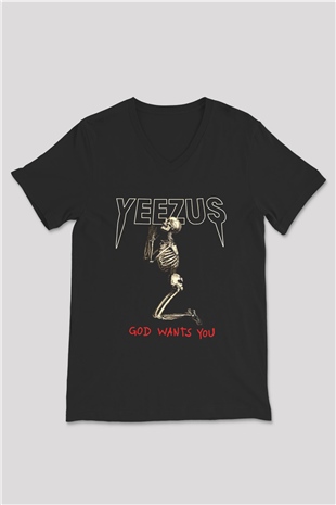 Kanye West Yeezus Siyah Unisex V Yaka Tişört T-Shirt