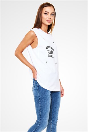 Kolsuz Kişiye Özel Beyaz Unisex Tişört Tasarla | Kesik Kol T-Shirt Tasarla