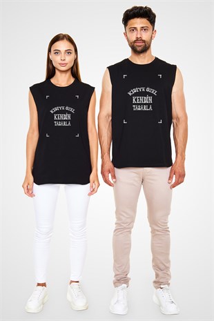 Kolsuz Kişiye Özel Siyah Unisex Tişört Tasarla | Kesik Kol T-Shirt Tasarla
