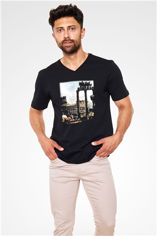 Kolezyum Siyah Unisex V Yaka Tişört T-Shirt