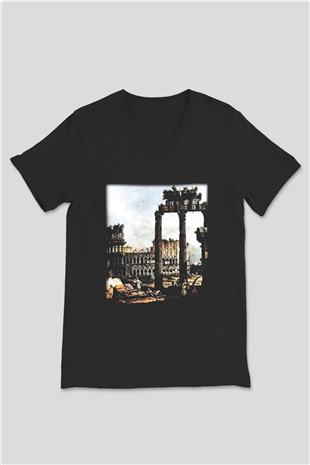 Kolezyum Siyah Unisex V Yaka Tişört T-Shirt