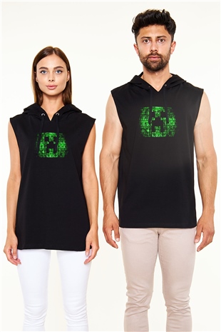 Minecraft Siyah Unisex Kapüşonlu Kolsuz Tişört