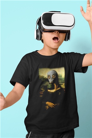 Mona Lisa Baskılı Siyah Unisex Çocuk Tişört