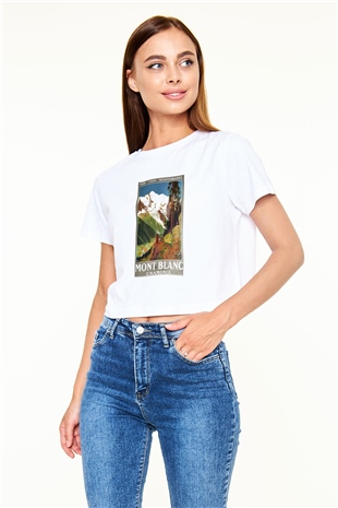 Mont Blanc Beyaz Croptop Tişört