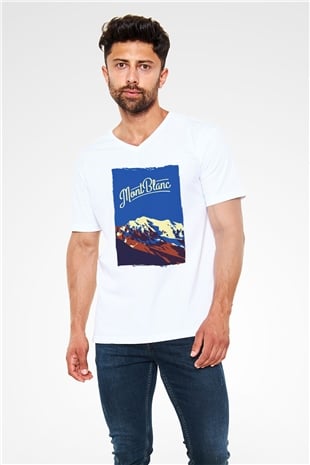 Mont Blanc Beyaz Unisex V Yaka Tişört